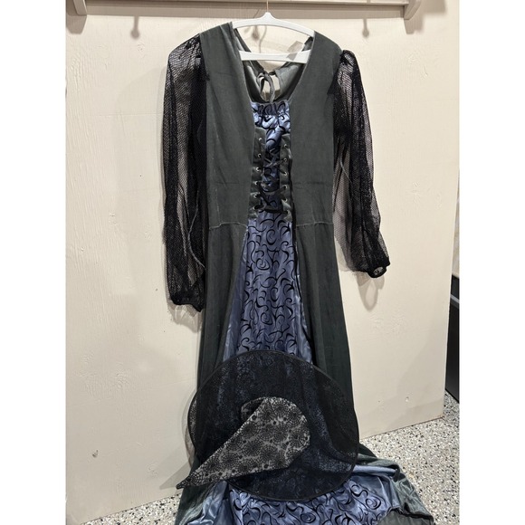 Dresses & Skirts - Witch Costume Set Gothic Black Blue Velvet Gown with Spiderweb Hat Halloween